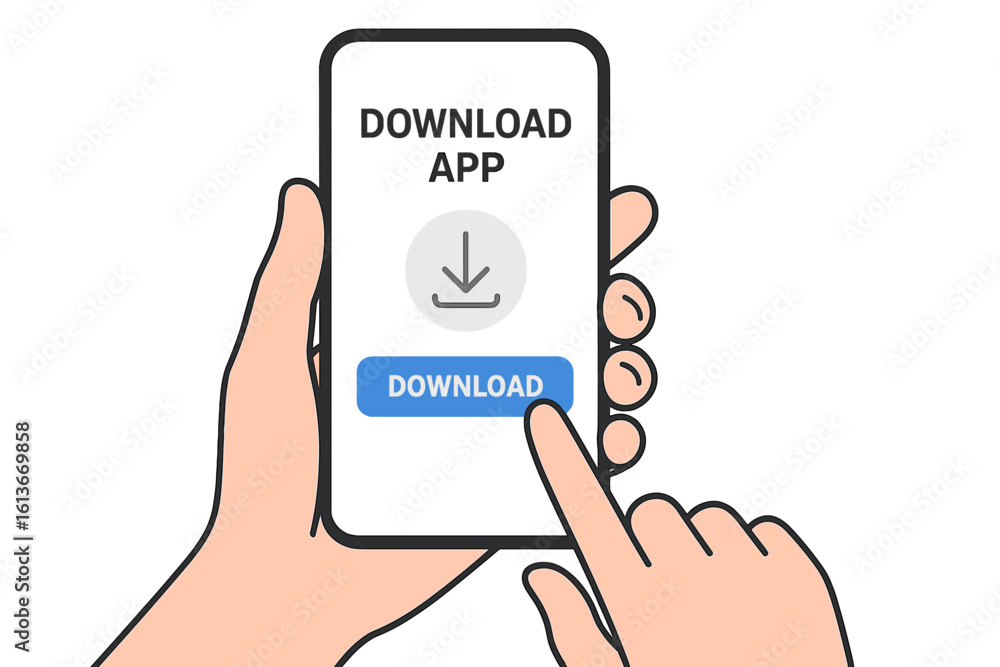 Poster download page of mobile app. hand holding smartphone and touching screen. finger pressing button to 