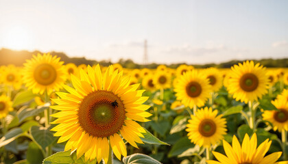 Fototapeta premium Sunflowers blooming in field during sunny day with blue sky 