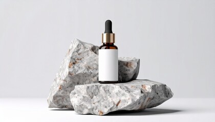 Glass dropper bottle with pipette on the stone. Cosmetic oil bottle mockup. Mockup scene. Product presentation concept.
