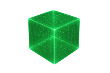 Rotating green luminescent cube with streaming digital data, representing technological innovation against transparent backdrop