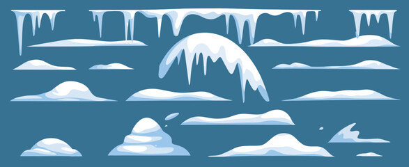  Snow Caps and Icicles Vector Set – Frosty Roof Edge Elements for Winter, Christmas, and New Year Designs on Transparent Background

