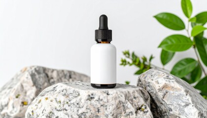 Glass dropper bottle with pipette on the stone. Cosmetic oil bottle mockup. Mockup scene. Product presentation concept.