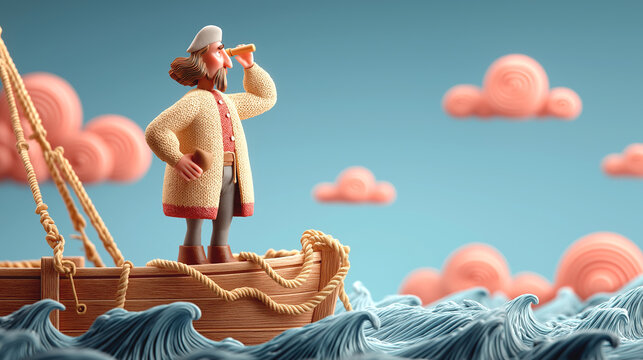 3d Christopher Columbus figure standing on the deck of a wooden sailing ship