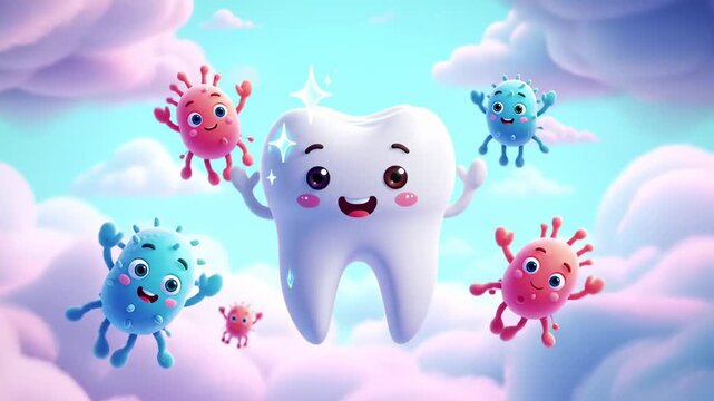 Cute cartoon tooth and germs in clouds
