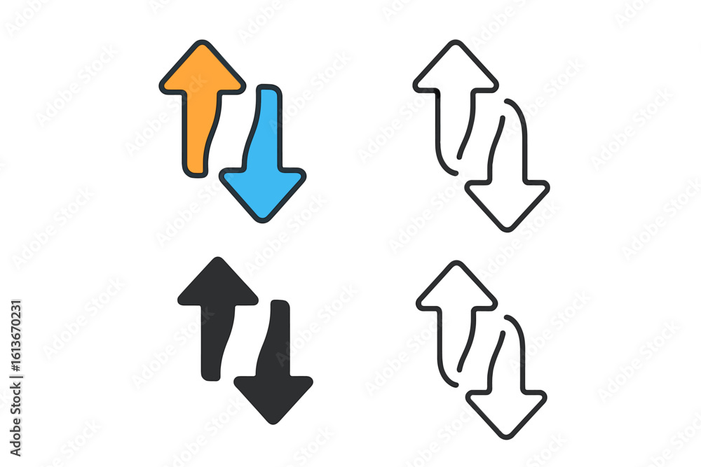 Poster up-down swap arrows set, bidirectional exchange transfer icons collection, colorful flat and outline