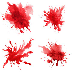 A set of four red watercolor splashes and stains isolated on transparent background