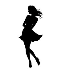 A silhouette of a beautiful woman in a dress posing elegantly isolated on transparent background