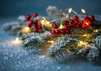 雪化粧の枝に輝く電飾と赤い実の美しいクリスマスデコレーション