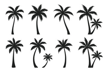 Tropical palm tree silhouettes in varied curved and straight trunks, island beach icons perfect for summer holiday, travel badge, exotic vacation decor, aloha paradise greenery vector set on white