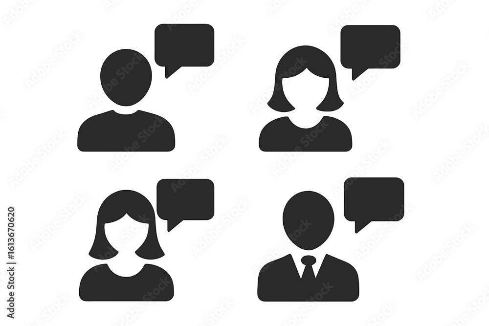 Poster people icons with speech bubbles vector set. user profile avatar for communication, chat, and dialog