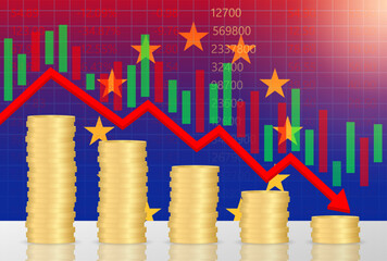 European Union Economy. Flag of EU with Falling Financial Graph. Economic Crisis and Global Recession Concept. Vector Illustration.  
