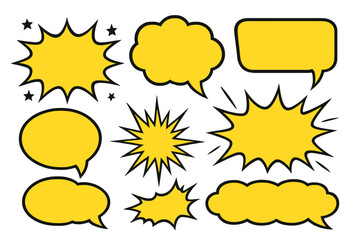 Yellow comic speech bubbles and starburst explosion shapes set, blank pop art text balloons, bang splash flash burst elements pack for graphic design, advertising banner, retro superhero cartoon