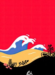 Obraz premium Red background with stylized waves and beach