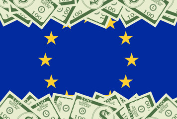 European Union Background. European Flag with Dollar Banknote. EU Economy Concept. Vector Illustration. 