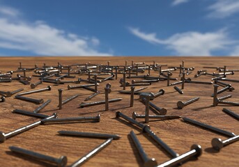 青空の下、無数の釘が散乱する様子を捉えた写真です。