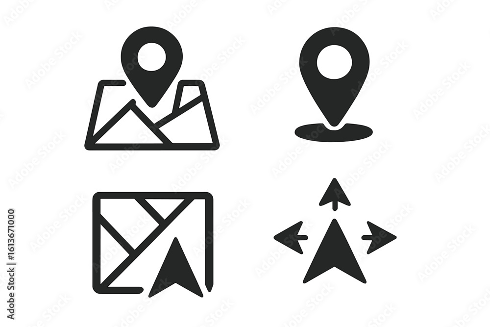 Poster map location and navigation icon set for web and mobile app development. vector glyph icons of gps p