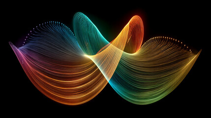 Colorful light painting flows on black. Illustrates technology, data stream, motion graphic, abstract art. For marketing, web, design, tech publications.