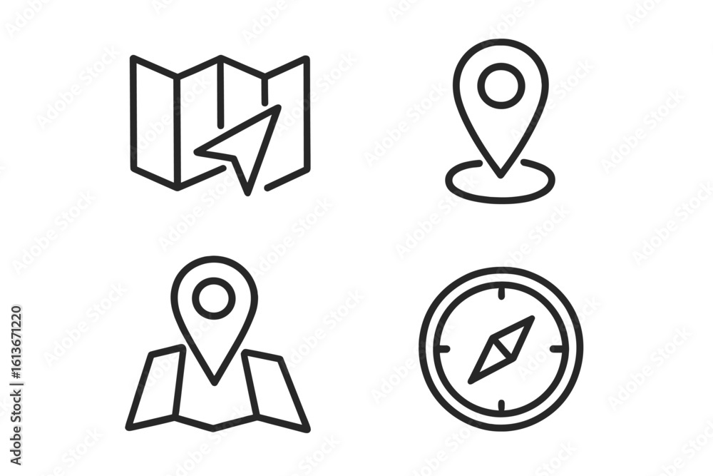 Poster set of four navigation and location linear icons. thin line style vector illustrations of a map, gps