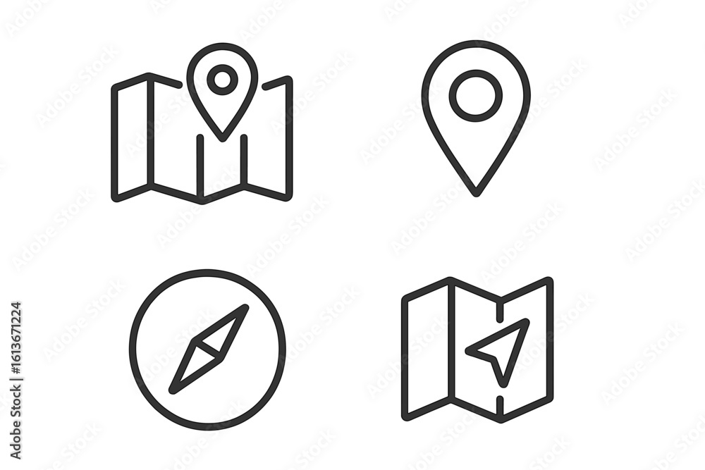 Aufkleber navigation and location line icon set. vector symbols for web and mobile. map with pin, gps marker, 