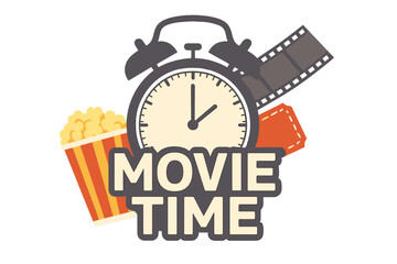 Movie time concept illustration. Cinema festival poster template. Film night with popcorn, tickets and clock. Entertainment showtime icon. Vector design element for banner.