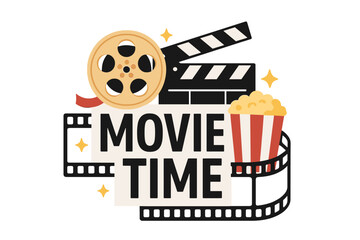 Movie time vector concept for cinema poster. Film festival and movie night entertainment background with popcorn, clapperboard and filmstrip. Flat cartoon illustration.