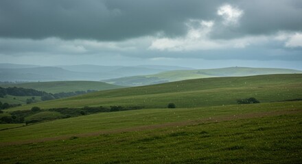 Rolling hills under a stormy sky