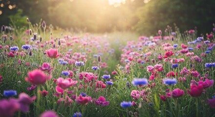 夕陽が輝く花畑、色とりどりの花々が咲き乱れる美しい風景