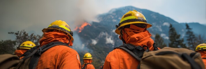 A group of handsome young male and female firefighters wearing orange protective gear