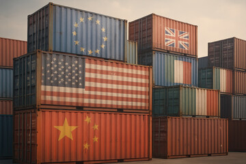 Fototapeta premium Colorful shipping containers stacked port faded country flags global trade tariffs concept photorealistic soft vignette editorial composition import export international shipping