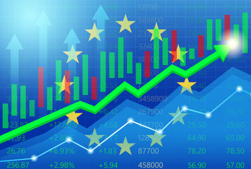 European Union Economy. Flag of EU with Rising Financial Graph. Economic Growth and Development Concept. Vector Illustration.  