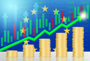 European Union Economy. Flag of EU with Rising Financial Graph. Economic Growth and Development Concept. Vector Illustration.  