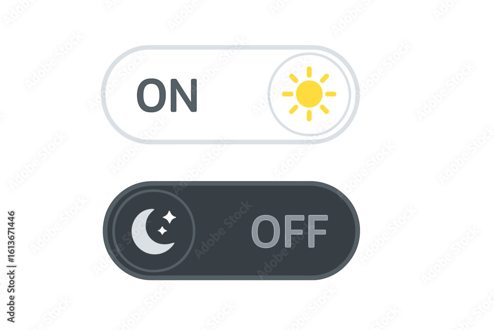 Poster on and off toggle switch buttons for light and dark mode. day and night theme slider for user interf