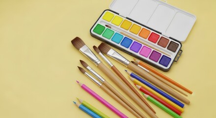 Naklejka premium Vibrant Watercolor Paints, Brushes, and Colored Pencils on Pale Yellow Background
