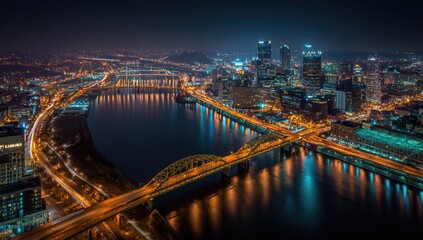 Obraz premium Night cityscape panorama over a river
