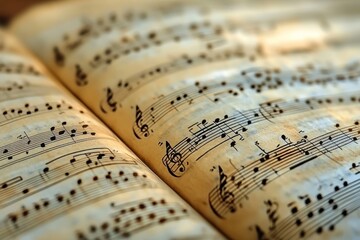Naklejka premium Aged sheet music, notes visible, yellowed pages