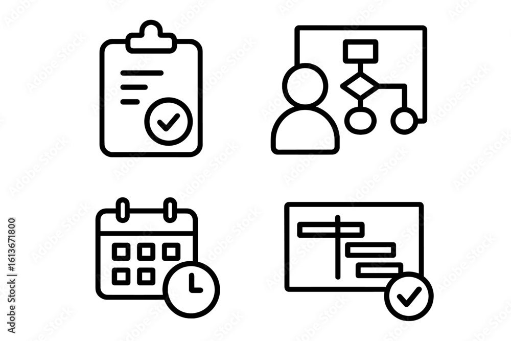 Poster project management thin line icons set. business planning and workflow symbols. gantt chart, task li
