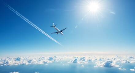 青空を力強く飛行する旅客機、白い雲海と太陽が輝く美しい光景
