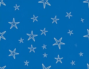 Starfishes on blue background, seamless doodle pattern with scattered abstract sea stars. 