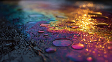 Iridescent Drops Shimmer: Abstract close-up shows water droplets on oil slick. Evokes mystery, pollution, science, rainbow colors. Good for web use, design, editorial.