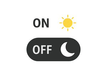 Day and night mode toggle switch icon. On and off button for light and dark theme. Sun and moon symbols for user interface design. Vector illustration isolated on background.