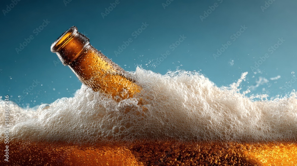 Poster dynamic beer wave crashing into bottle, showcasing refreshing foam and bright colors in vivid detail