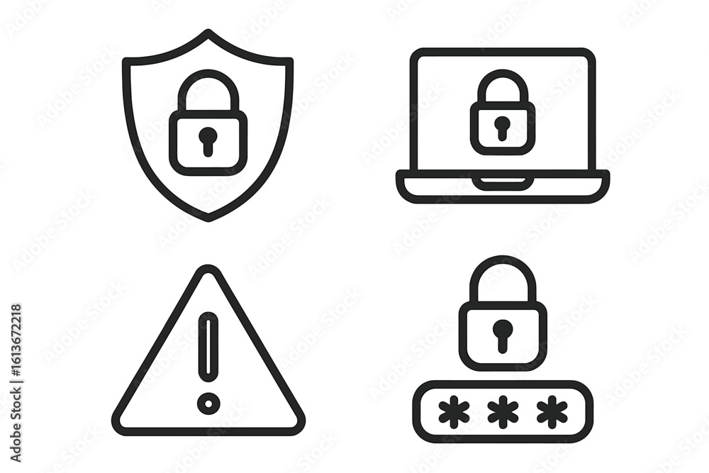 Poster cyber security line icon set. internet data protection concept. outline vector graphic of shield, pa
