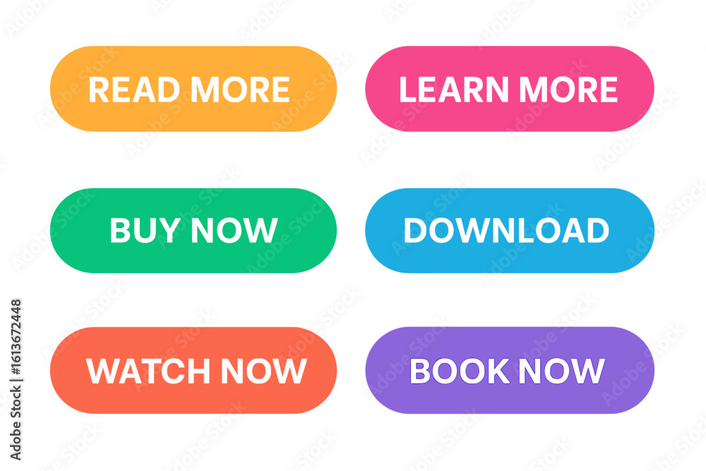 Poster set of colorful vector buttons for web and app design. modern flat style call to action icons: read 