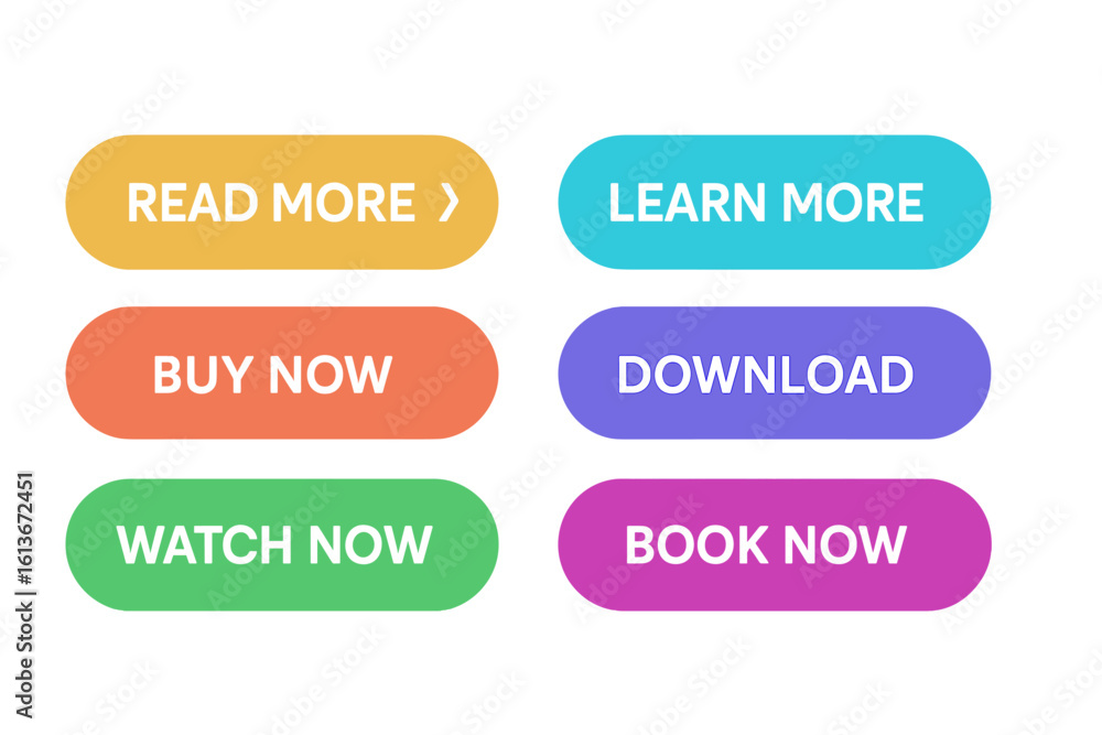 Poster set of vector modern trendy flat buttons. colorful call to action button collection for web design. 