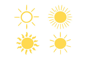 Set of 4 hand-drawn sun icons. Cute doodle sketch collection for summer. Yellow sunlight, nature light rays, sky burst. Simple logo or weather icon vector element.