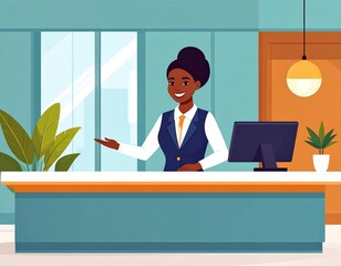 Professional Hotel Receptionist Greeting Guest at Front Desk – Modern Lobby and Business Hospitality Scene