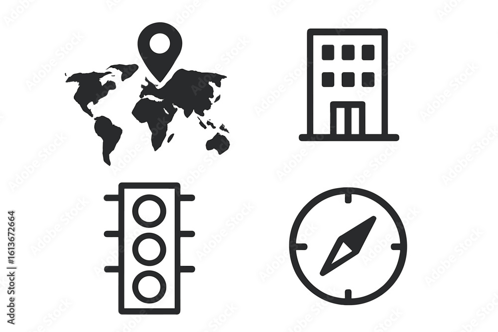 Poster navigation icon set. world map with pin for location, gps. office building for business. traffic lig
