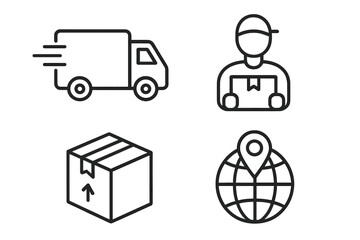 Delivery service icon set. Logistics and shipping concept. Fast truck, express courier with parcel, package box, and worldwide tracking symbols. Line art vector.