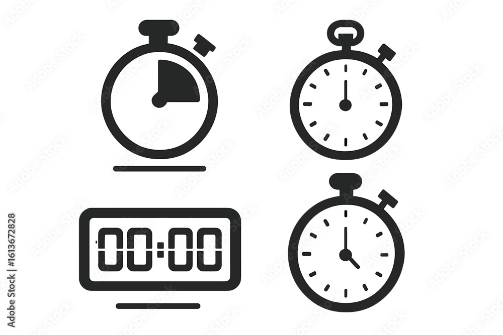 Poster timer and stopwatch vector icons set. simple flat clock, countdown, and chronometer symbols for ui u