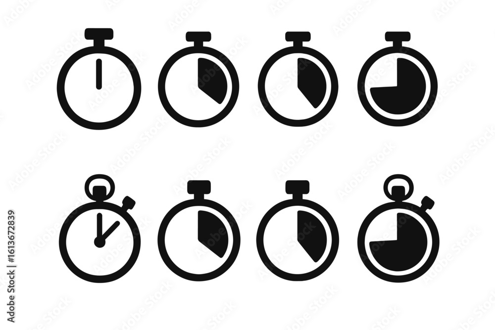 Poster timer and stopwatch vector icons set. countdown clock symbol collection. time management, deadline, 